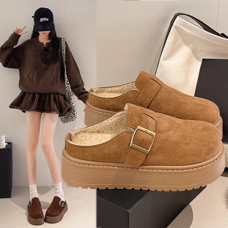 2025爆款半拖勃肯鞋皮带扣包头拖增高加绒拖鞋平底毛毛鞋棉拖鞋