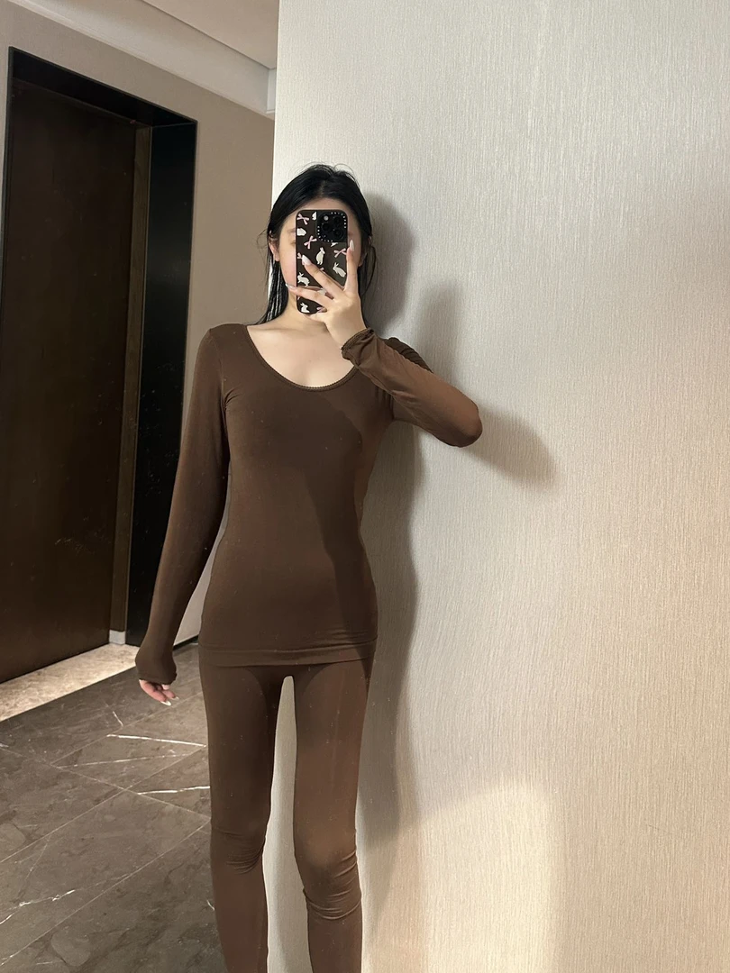 miu系3D小花边圆领裸氨无缝美体套装薄款秋冬女士保暖套装