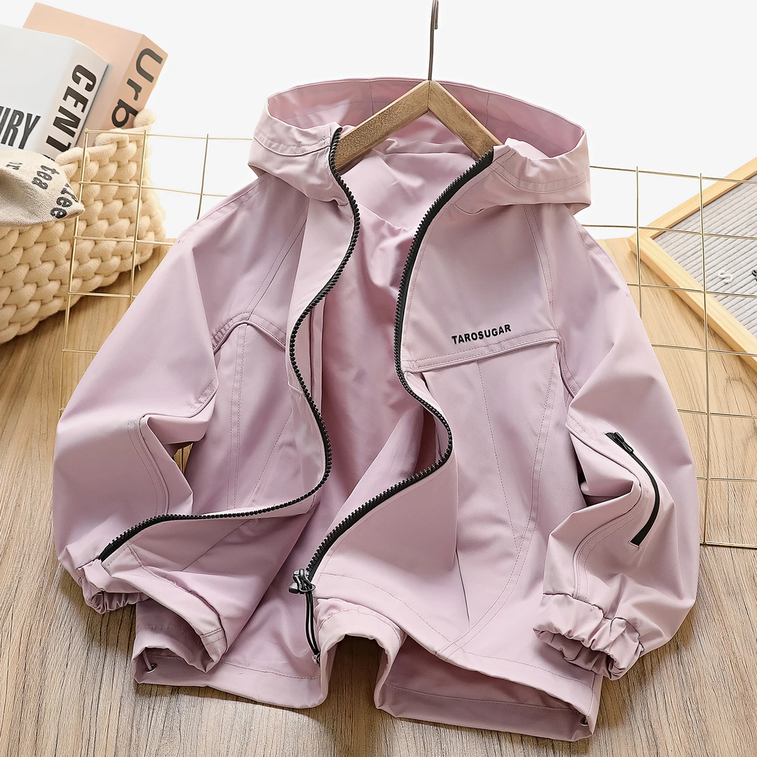 春秋男女童纯色连帽拉链常规普通外套童装春秋韩版休闲上衣6705