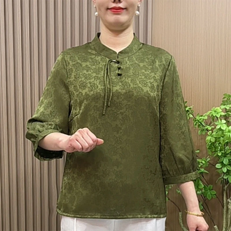 妈妈装春夏装新中式国风小衫中老年女装夏季大码立领提花流苏上衣