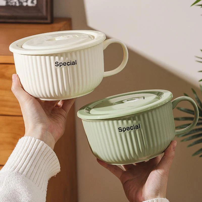 奶油风陶瓷泡面碗家用带盖保鲜饭碗可微波炉学生手柄碗上班便当盒
