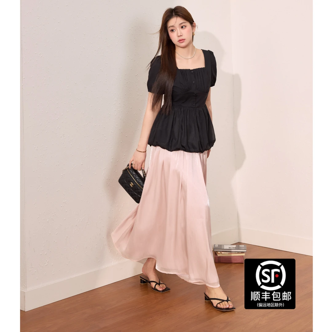 蓝语大码女装优雅泡泡纱拼接短袖上衣显瘦a字半身裙夏季套装06401