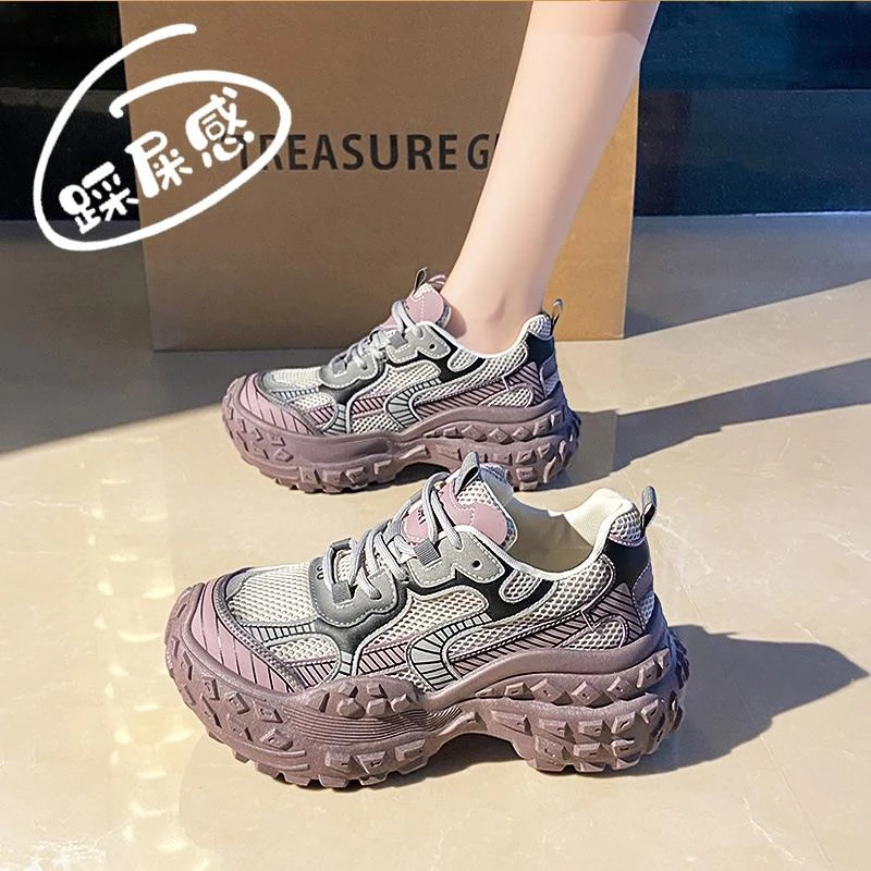 厚底老爹鞋女2025新款薄款网面透气休闲百搭榴莲底运动鞋防滑轻便