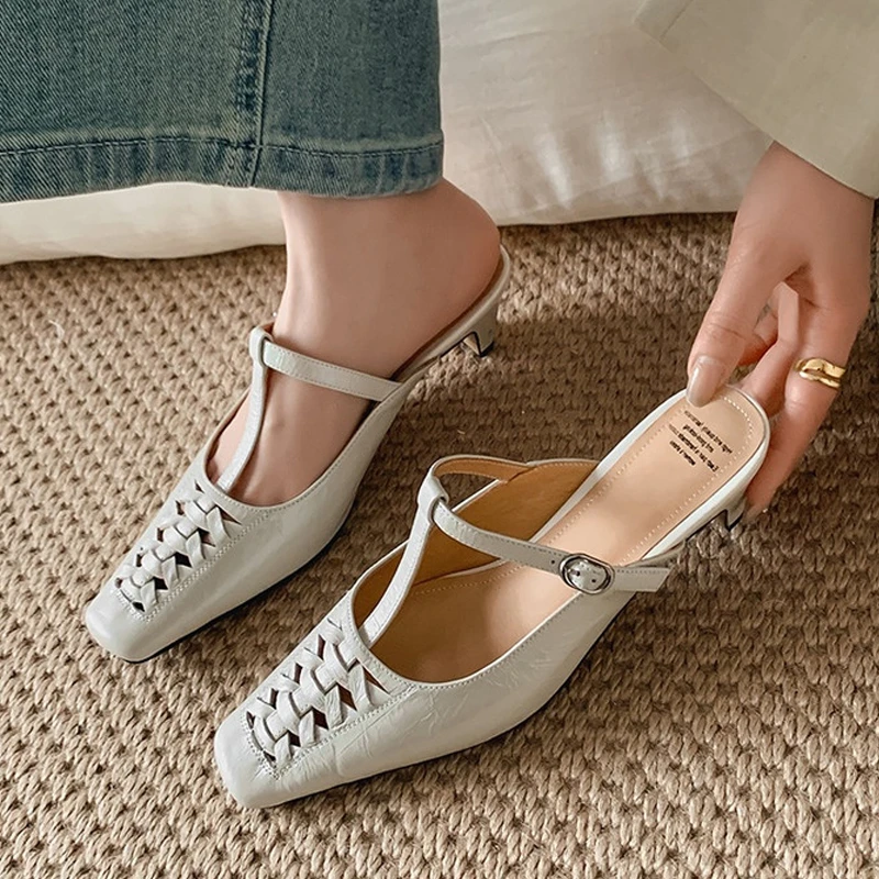 真皮4cm法式镂空方头轻奢凉拖鞋子中粗跟丁字带外穿包头半拖鞋女