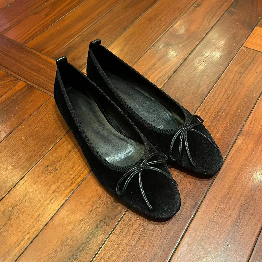 漫颜刘2024春季新品黑色绒面蝴蝶结单鞋方头休闲平底舒适女鞋