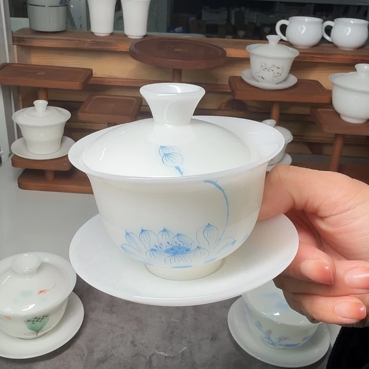 璞玉三才盖碗手绘釉上彩荷花130