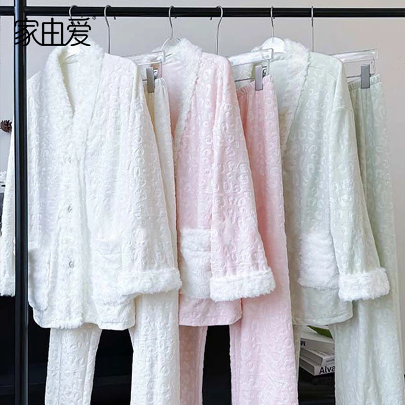 2025新款睡衣女冬季毛绒口袋设计长袖开衫甜美家居服套装可外穿