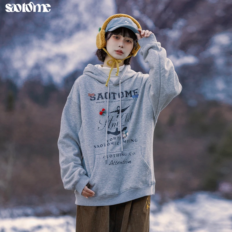 早乙女惠子saotome日系复古做旧蝴蝶结连帽加绒卫衣4493