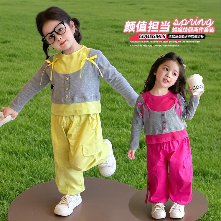 儿童长袖运动洋气柔软甜美春秋纯色女童中小童假两件工装裤套装