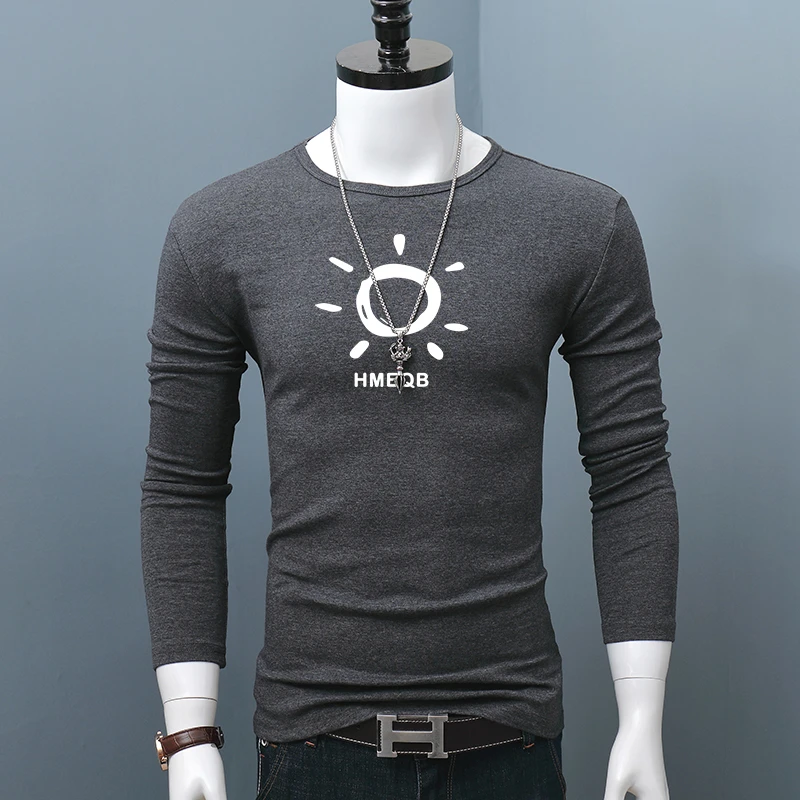 舒适圆领长袖T恤男士修身磨毛内搭打底衫秋冬秋衣保暖厚款印花潮
