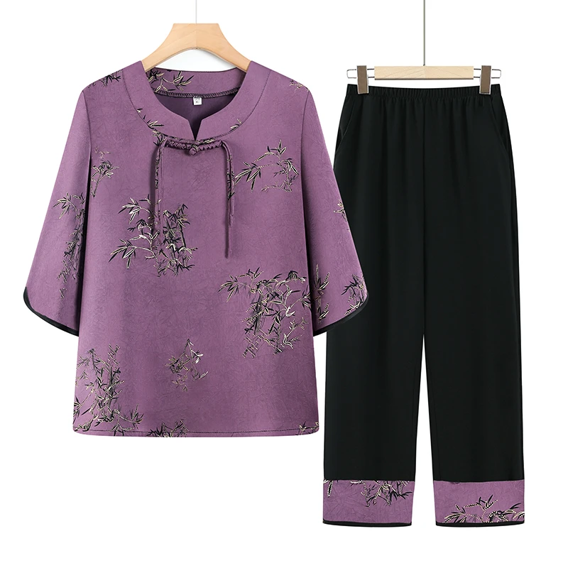中老年人夏装新款冰丝套装妈妈新中式国风奶奶夏季上衣裤子两件套