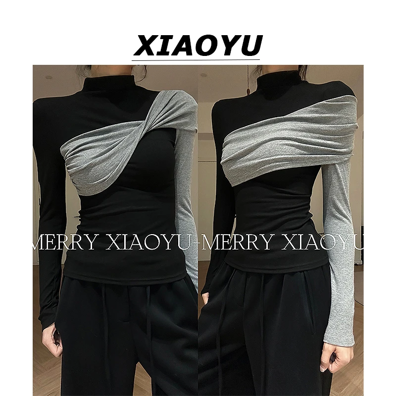 小鱼【银河遐想】撞色两穿长袖T恤秋冬高级感半高领显瘦上衣