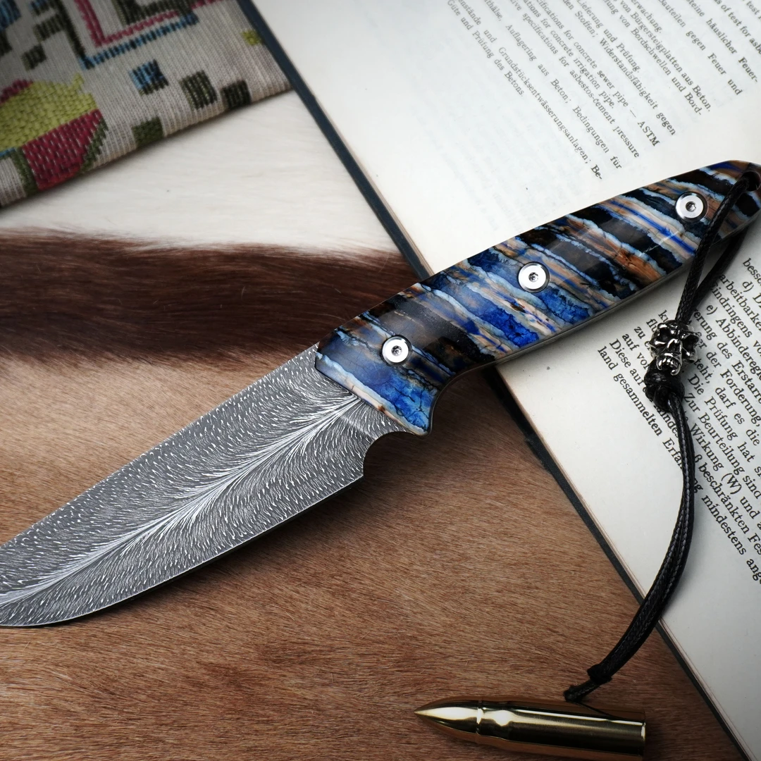 留金艺术羽毛纹大马士革钢户外多功能水果刀