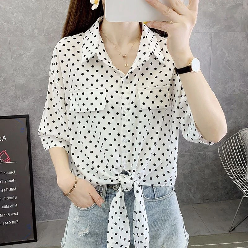 大码波点系带短袖雪纺衬衫夏新款薄防晒衣配裙披肩宽松上衣女洋气