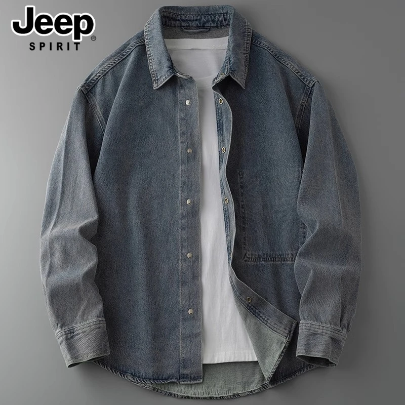 吉普复古男款牛仔衬衫宽松衬衣薄款休闲牛仔外套男生保暖高级感