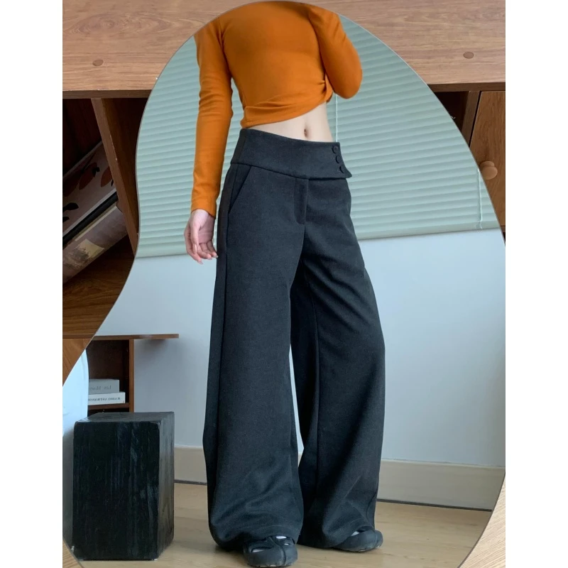 175高个子加长深灰色毛呢阔腿裤女秋冬季高腰显瘦直筒休闲西装裤