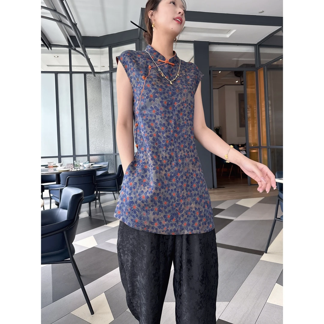 【深圳罗依】原创真丝衬衫女桑蚕丝香云纱钉珠新中式中长款立领上衣