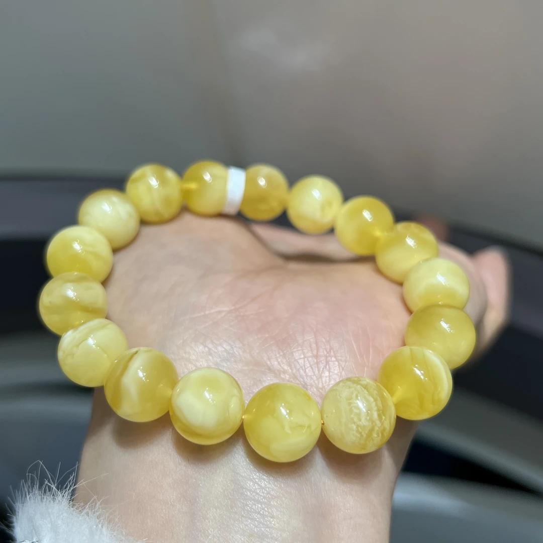 天然蜜蜡金瓷白妖花圆珠手串11㎜➕