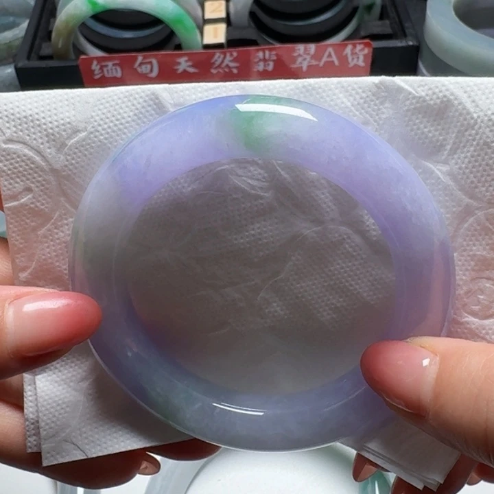 翡翠手镯未镶嵌缅甸天然翡翠手镯A货52圆条冰紫绿有纹瑕