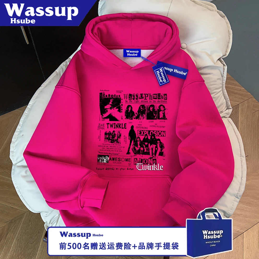WASSUP HSUBE潮流秋冬休闲画笔狗狗百搭宽松印花长袖卫衣情侣上衣
