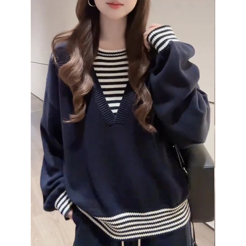 复古撞色套头毛衣女2025秋季新款韩系慵懒风遮肉显瘦拼接针织上衣