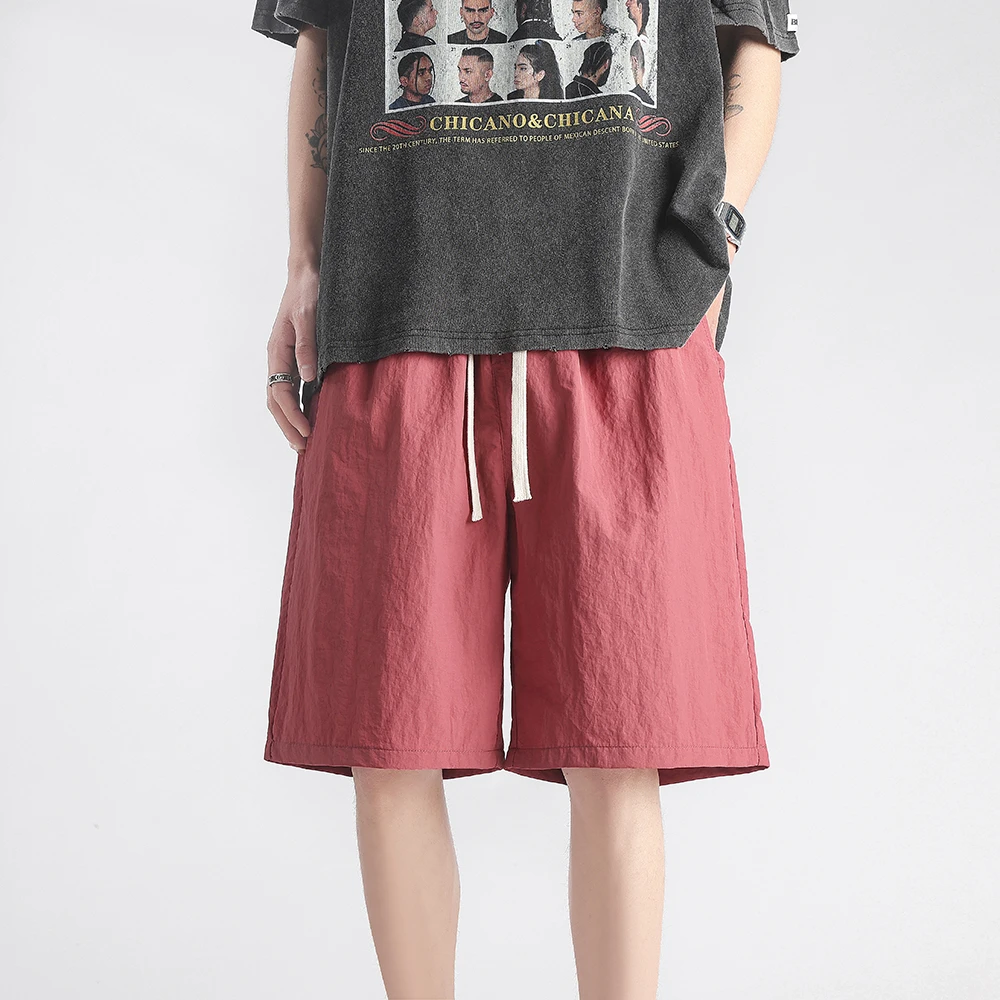 多巴胺红色沙滩短裤男夏季薄款冰丝速干运动裤子美式休闲五分中裤