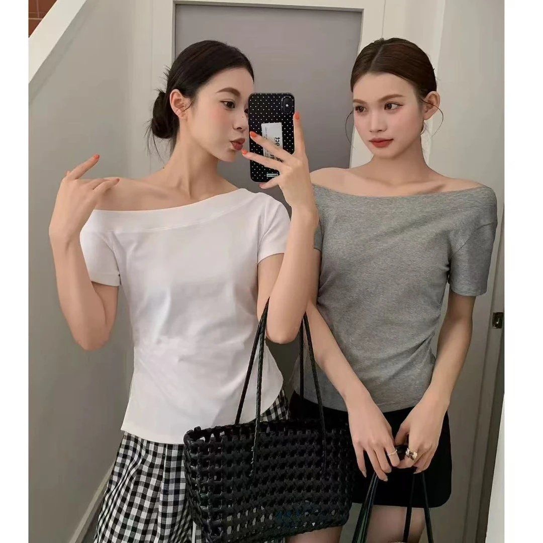 C.TY 斜肩一字肩短袖T恤女夏季薄款侧边褶皱收腰开叉设计上衣2888