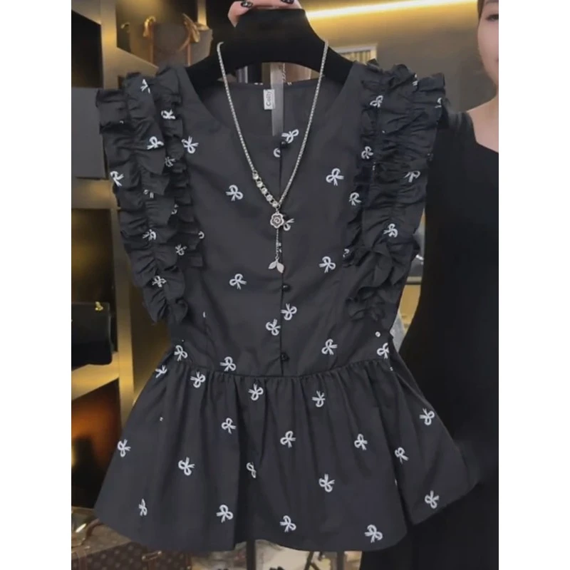 法式小众设计蝴蝶结图案领抽褶衬衫女2025夏季新款显瘦雪纺衬衣