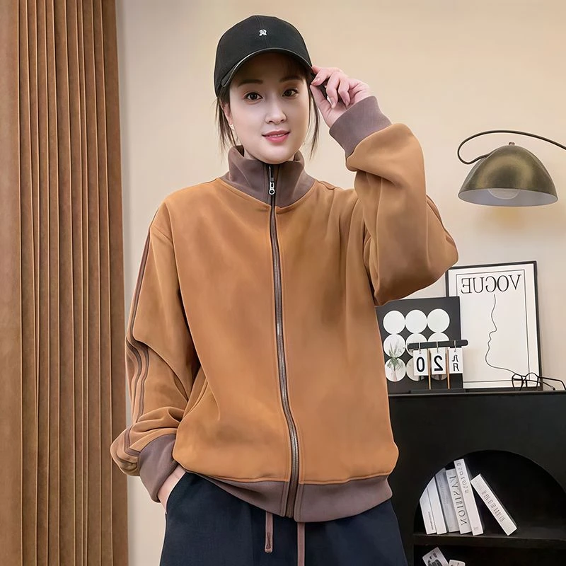 2025秋冬新款韩版休闲立领拉条奥粒绒外套女显瘦百搭保暖卫衣潮