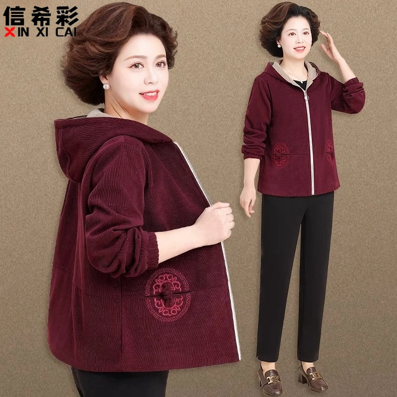 妈妈春装灯芯绒外套中老年人春秋款国风夹克女加肥加大码上衣服