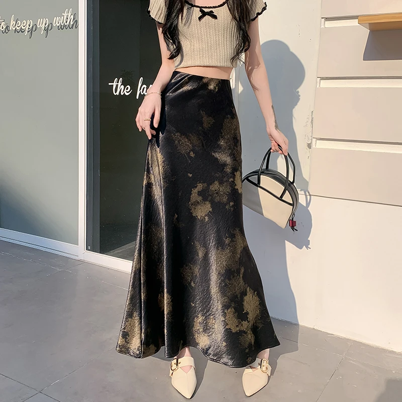 鎏金缎面扎染中国风水墨鱼尾裙半身裙春夏季包臀长裙新中式A字裙