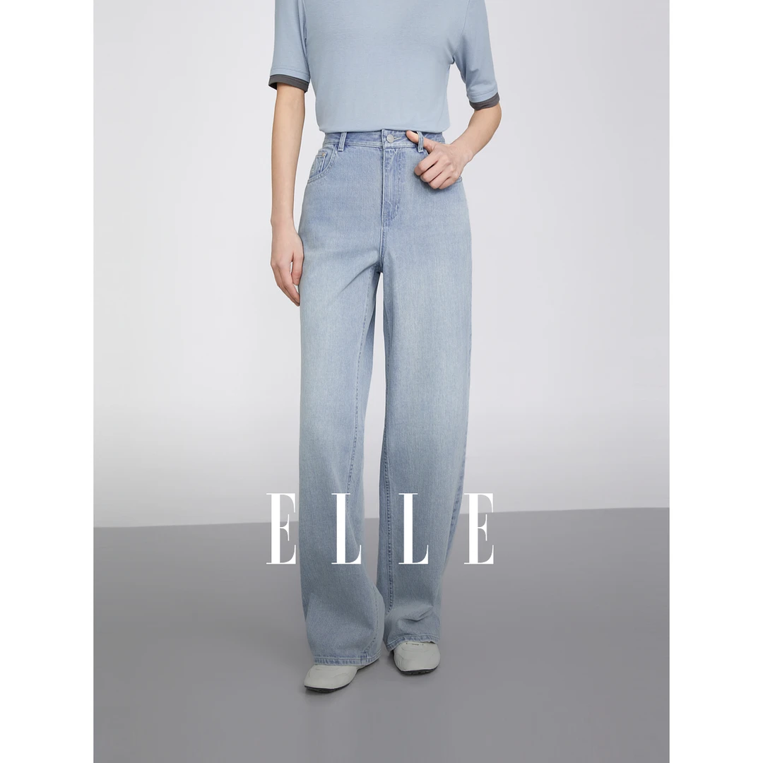ELLE25春新款休闲直筒高腰显瘦牛仔裤女简约通勤时尚EQ50981