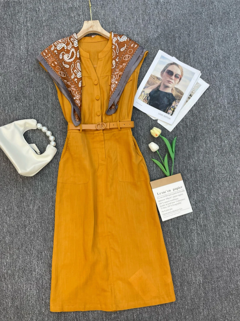 【苗姐优选】轻职风莱赛尔亚麻丝巾两件套连衣裙HYX25179