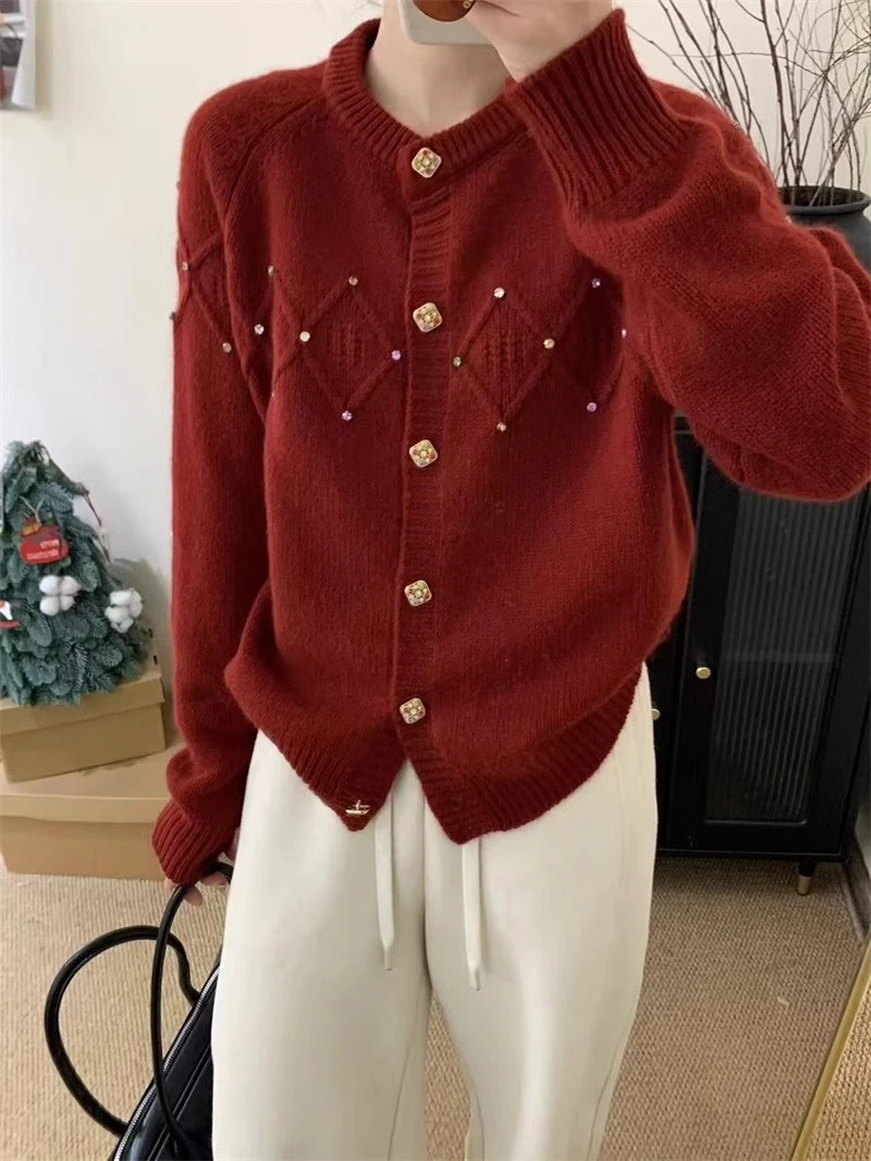 【宝石扣】冬季气质高级感女装红色新年战袍圆领小香风毛衣开衫外套