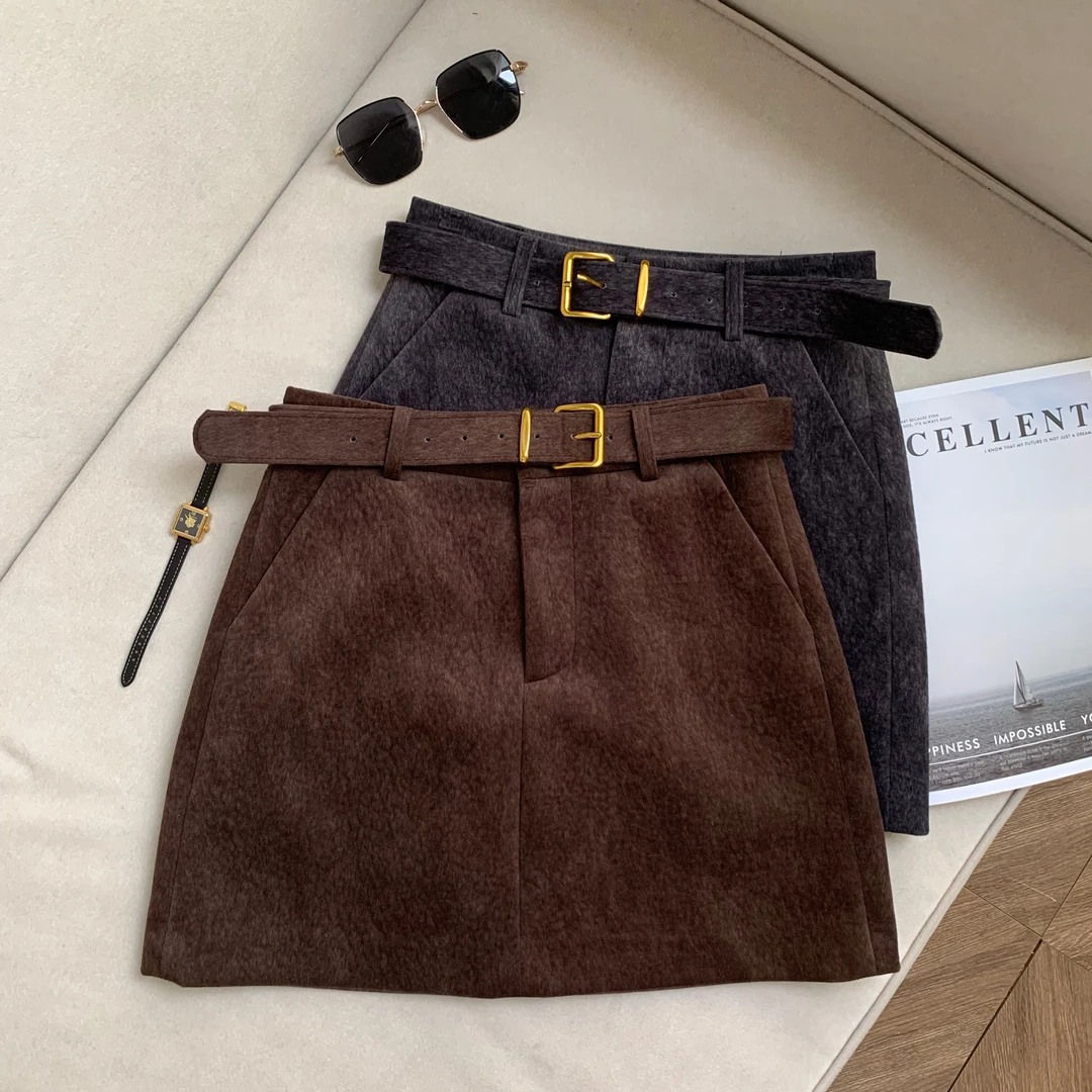 【南油溪溪】韩版复古水貂绒短裙配腰带修身显瘦A字半身裙802090