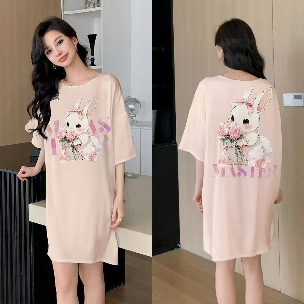 【月汐】睡裙女夏季冰雪丝薄款睡衣可外穿圆领中长款卡通裙子家居服