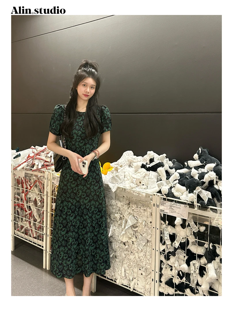 【绿紫】（有纽扣）优雅斜裁油画花卉连衣裙收腰显瘦法式复古碎花裙