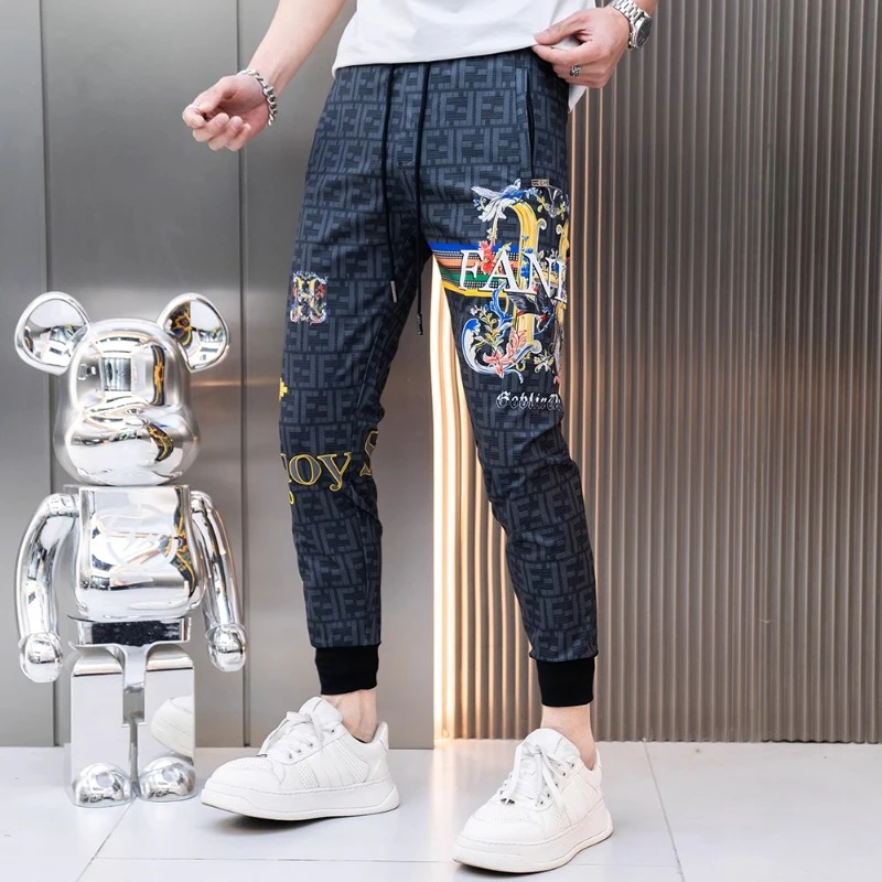 佩托本那夏季薄款速干休闲裤男装欧货潮牌无缝印花修身束脚九分裤