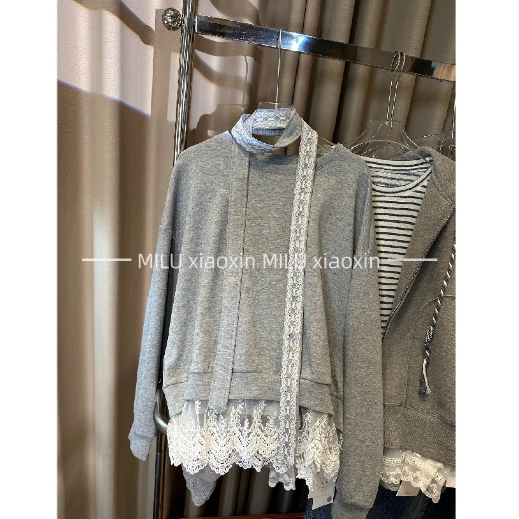 【AXIN定制】高品质飘带设计款洋气蕾丝摆卫衣 33003