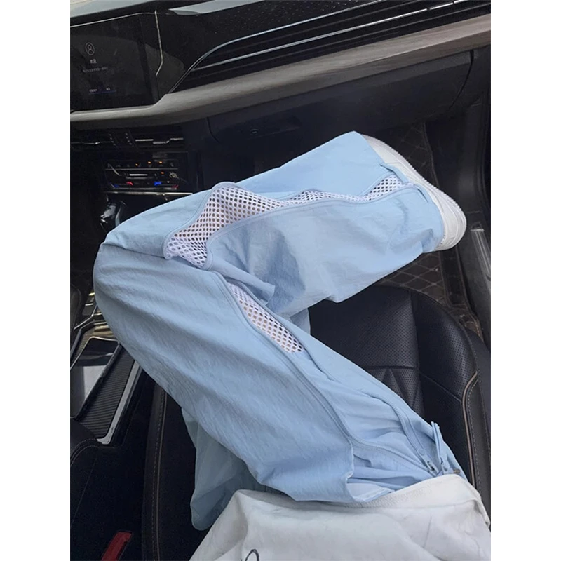 蓝色网格速干裤子男夏季薄款美式cleanfit侧拉链休闲运动工装长裤