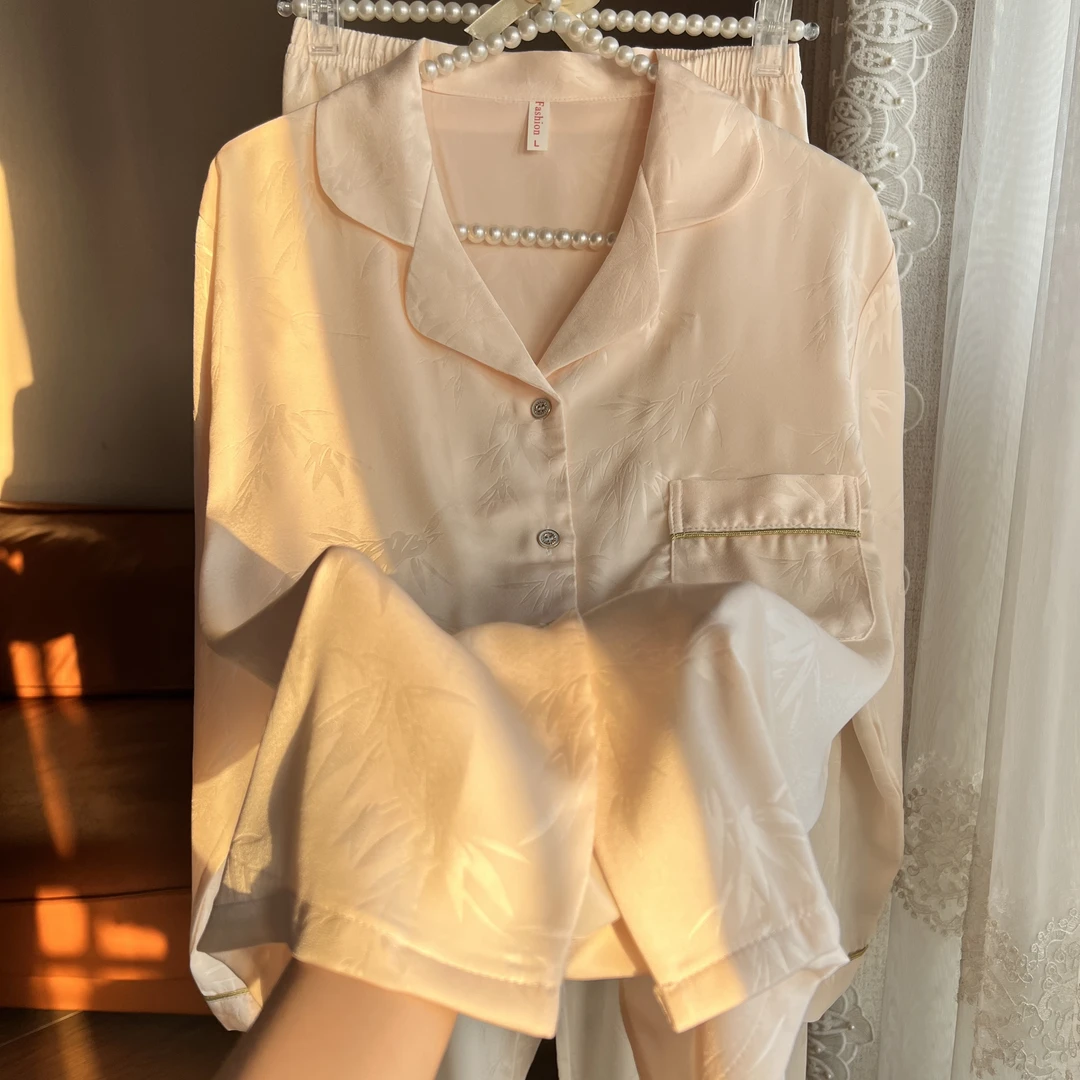 带胸垫国风春夏新款冰丝可外穿睡衣女两件套装春秋长袖家居服薄款