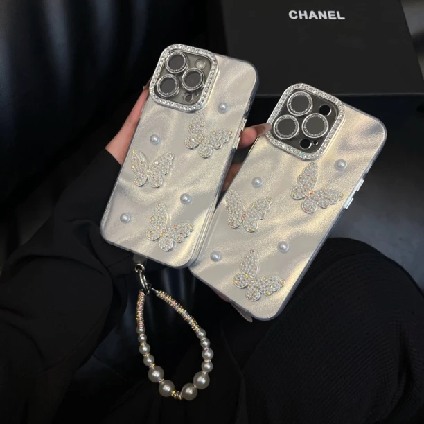 Ins风小众珍珠蝴蝶镜头膜全包防摔适用苹果16/15promax/14手机壳