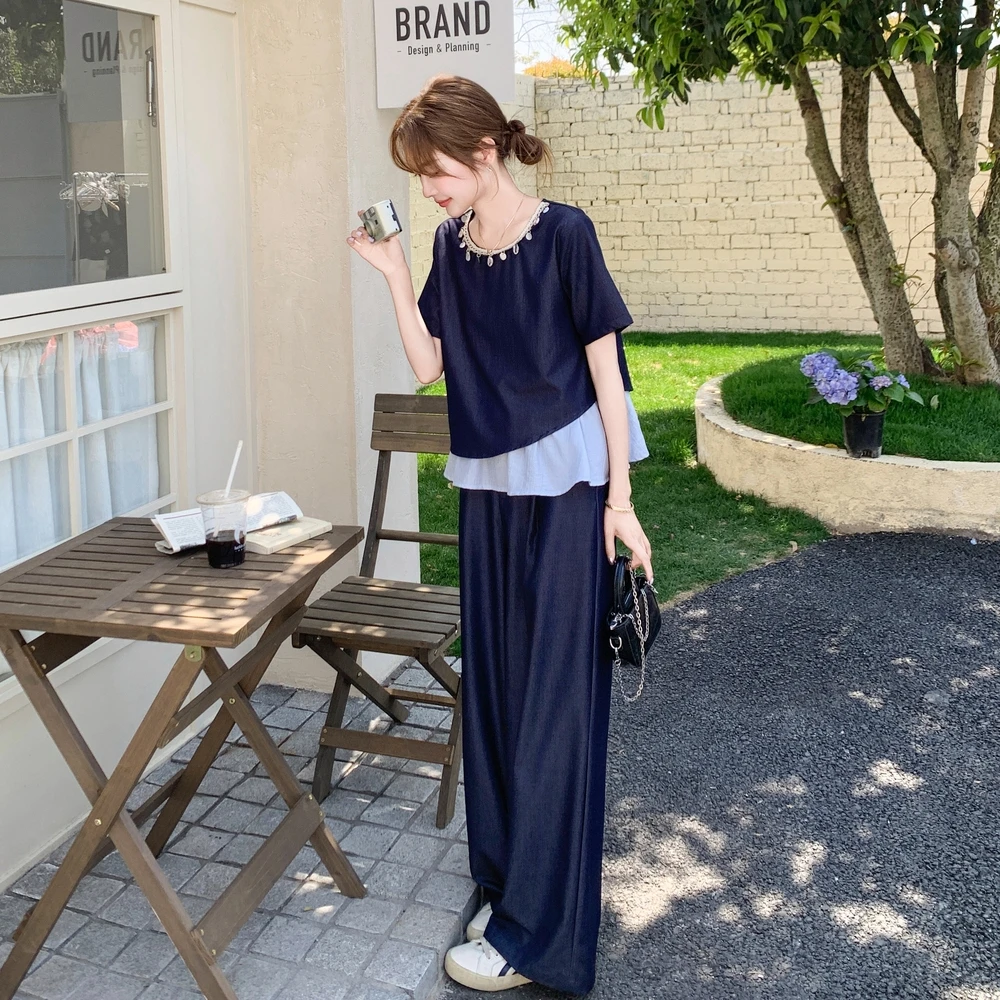 韩系假两件撞色拼接上衣阔腿裤两件套女夏2025新款高级感ootd套装