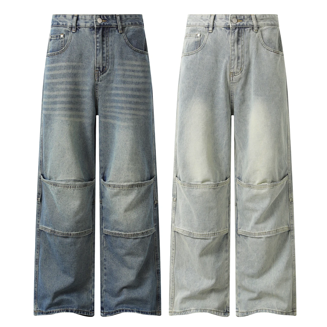 MR.MUDI/穆迪先生复古设计拼接褶皱牛仔裤宽松直筒中腰阔腿裤高街