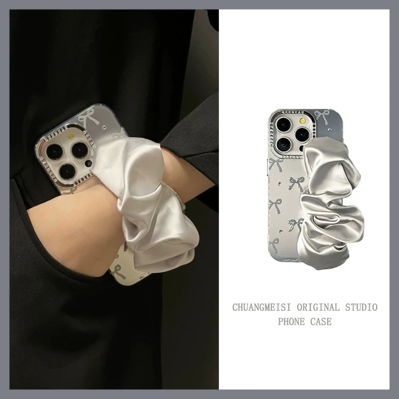 银色蝴蝶钻丝巾腕带适用苹果15promax手机壳iphone14pro斜跨绳16