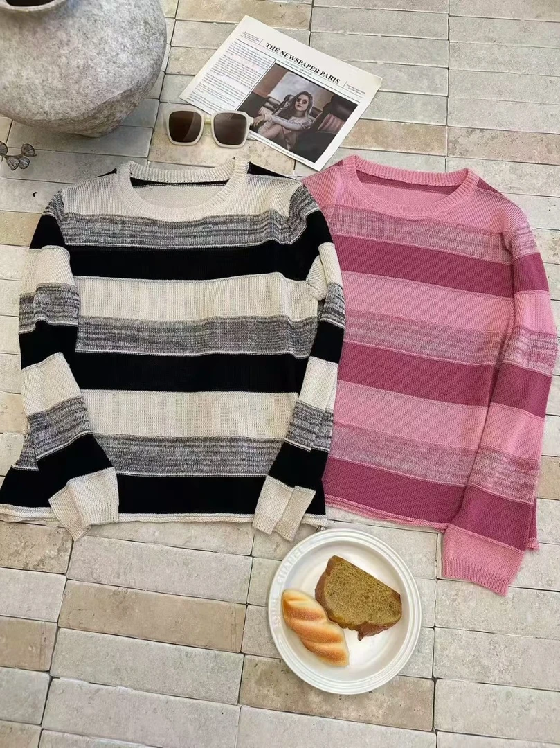 2025秋季新款气质百搭长袖针织防晒上衣~237圆领条纹