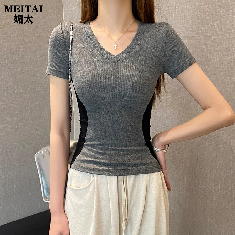 MEITAI媚太螺纹V领拼色短袖t恤女春夏修身低领打底衫内搭收腰上衣