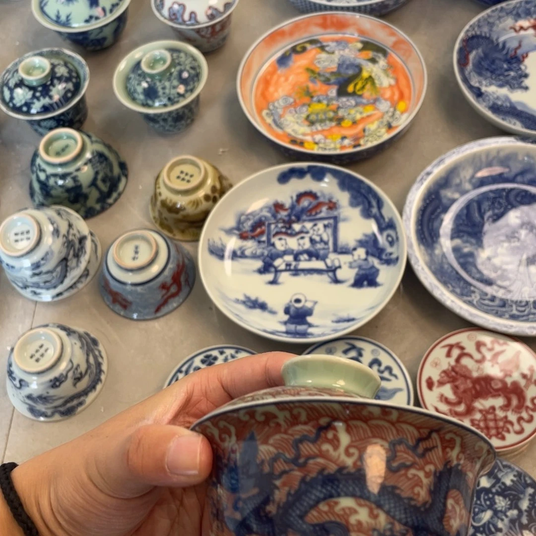 瓷片景德镇青釉海水龙元宝盖碗