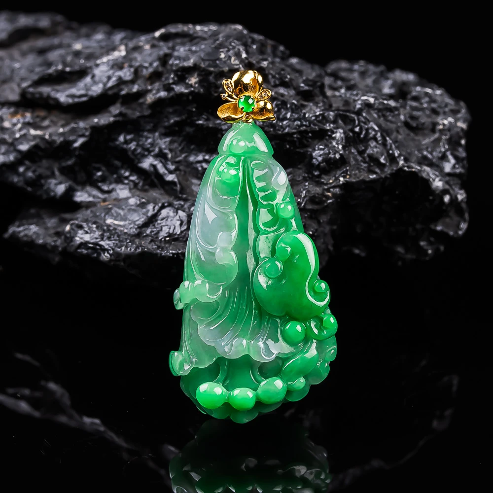 缅甸翡翠吊坠飘阳绿白菜挂件18k金扣头镶嵌天然A货佰财