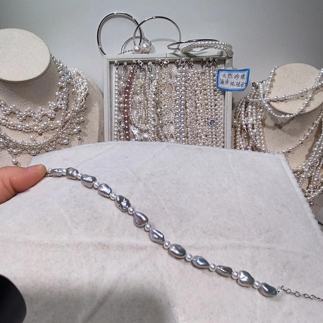 淡水珍珠手链银S925镶嵌碎银蓝雪手链
